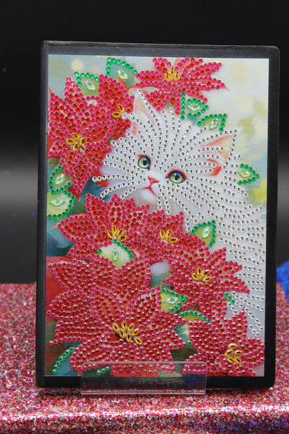 Diamond Art Journal with a cute little white Cat sitting amongst multi colored flowers