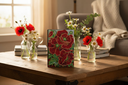 Diamond Art Journal with Large Red Flowers and Green Leaves