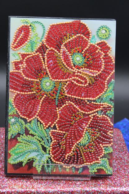 Diamond Art Journal with Large Red Flowers and Green Leaves