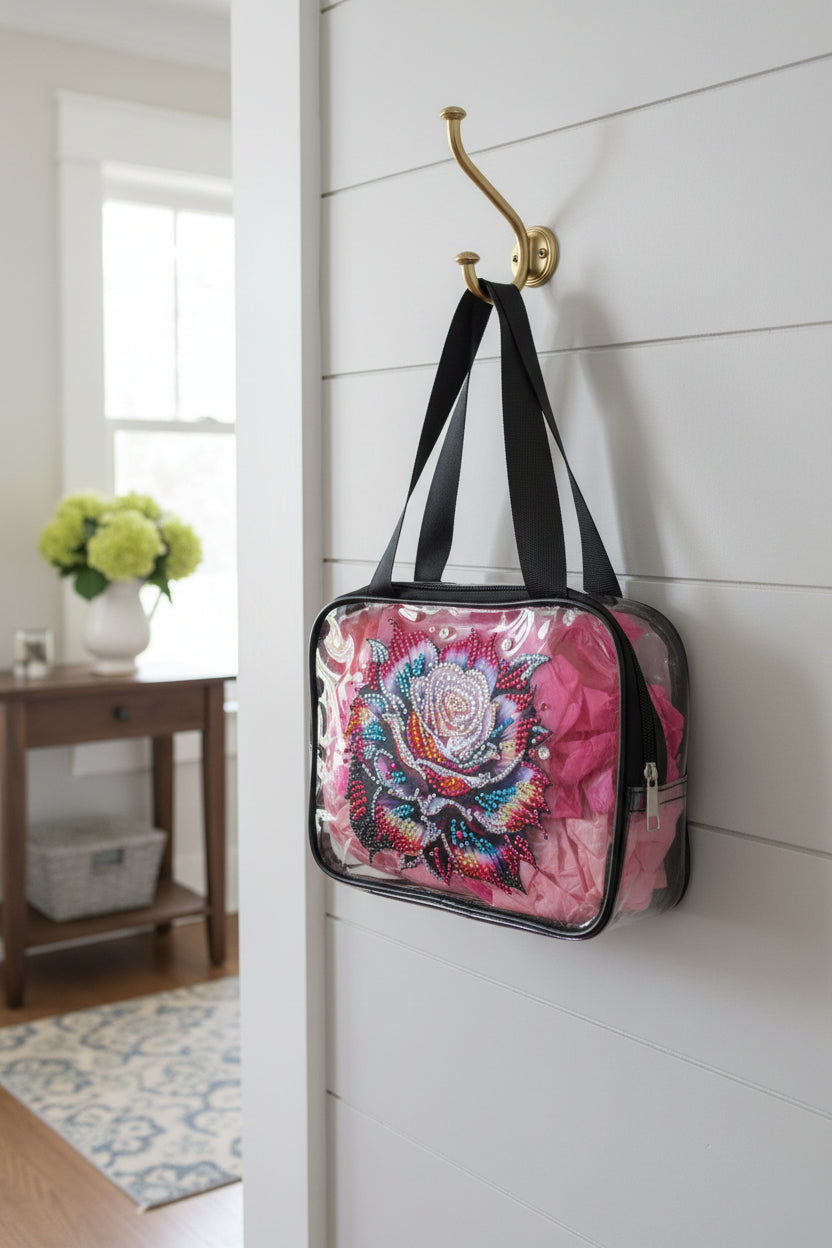 Clear Hand Tote Bag with Multi Colored Diamond Art Rose on the Front