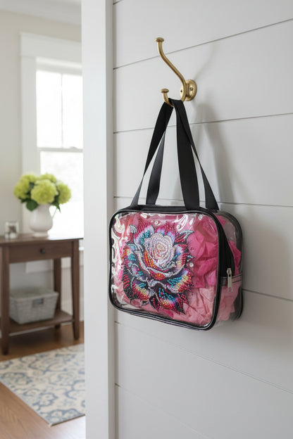 Clear Hand Tote Bag with Multi Colored Diamond Art Rose on the Front