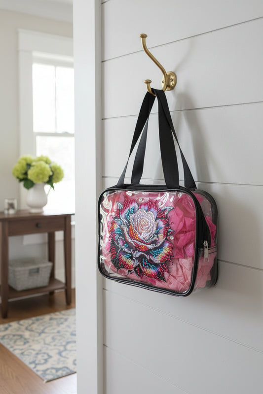 Clear Hand Tote Bag with Multi Colored Diamond Art Rose on the Front