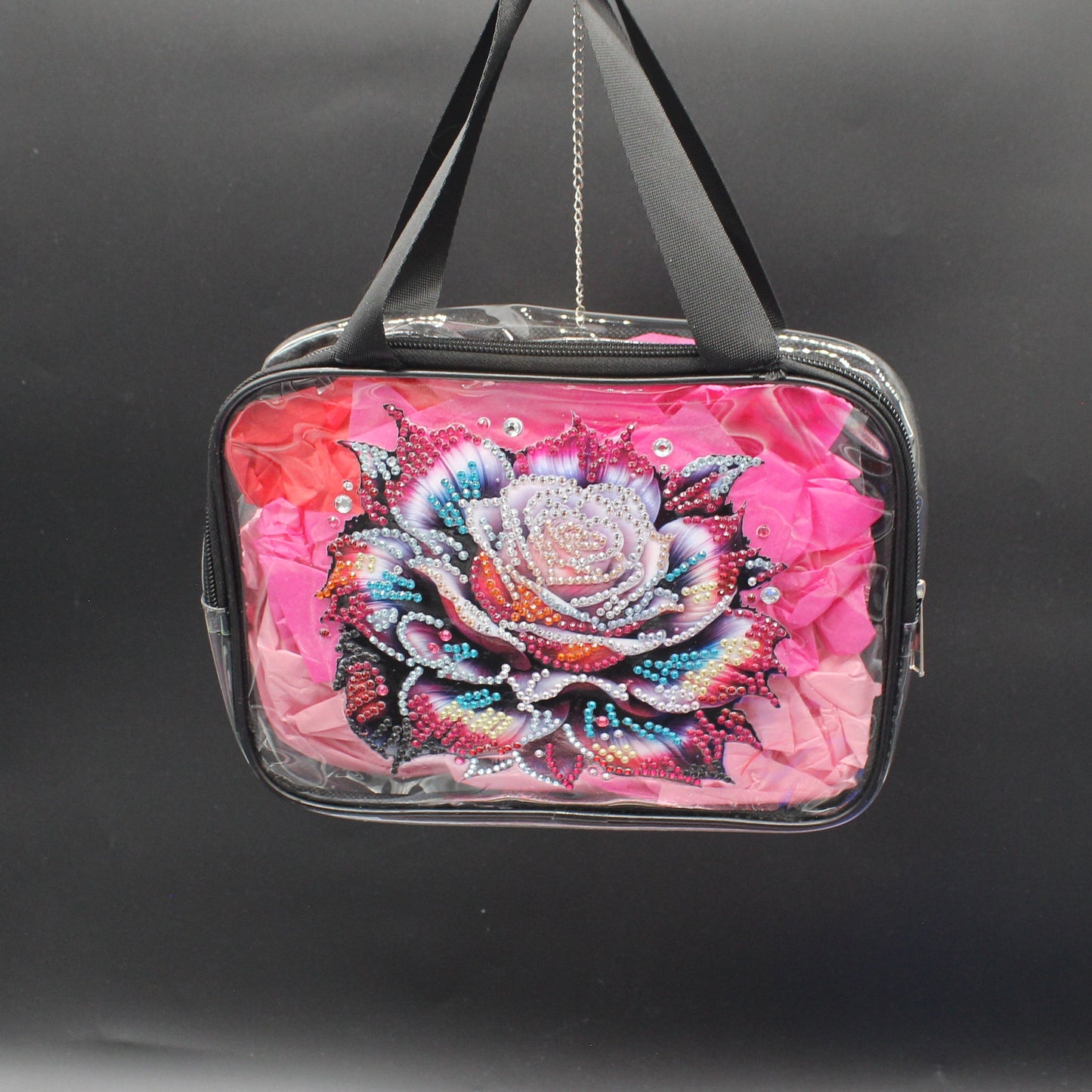 Clear Hand Tote Bag with Multi Colored Diamond Art Rose on the Front