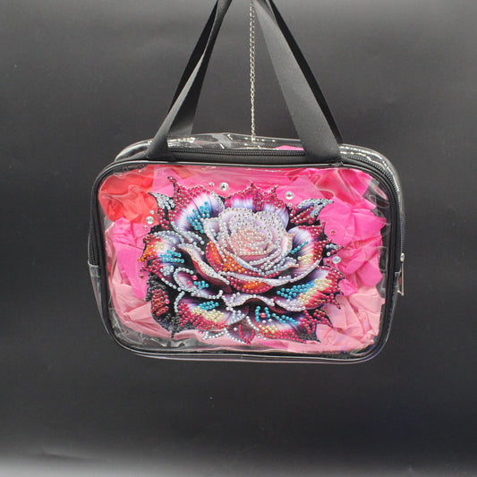 Clear Hand Tote Bag with Multi Colored Diamond Art Rose on the Front