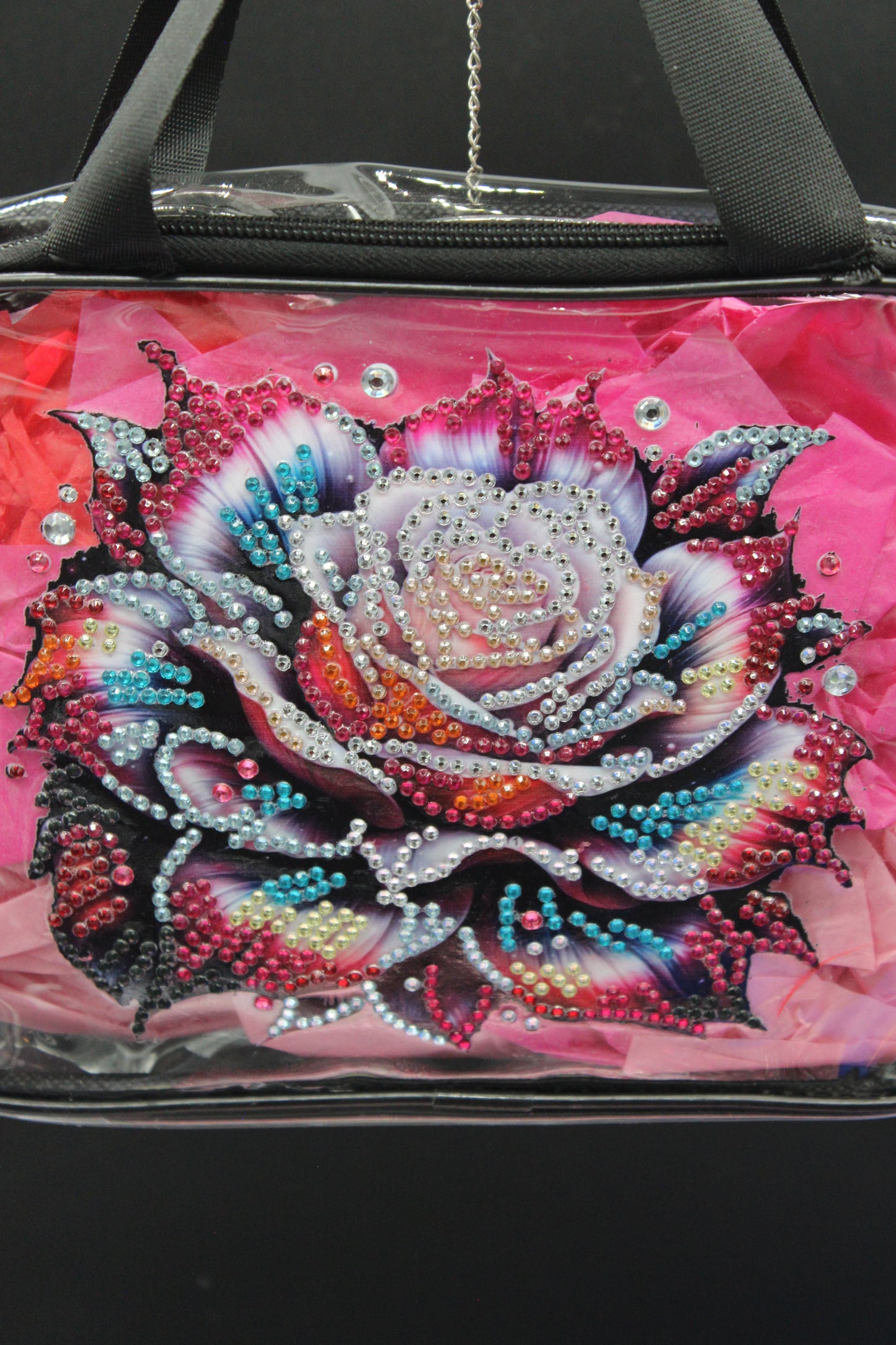 Clear Hand Tote Bag with Multi Colored Diamond Art Rose on the Front