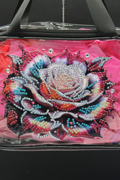 Clear Hand Tote Bag with Multi Colored Diamond Art Rose on the Front