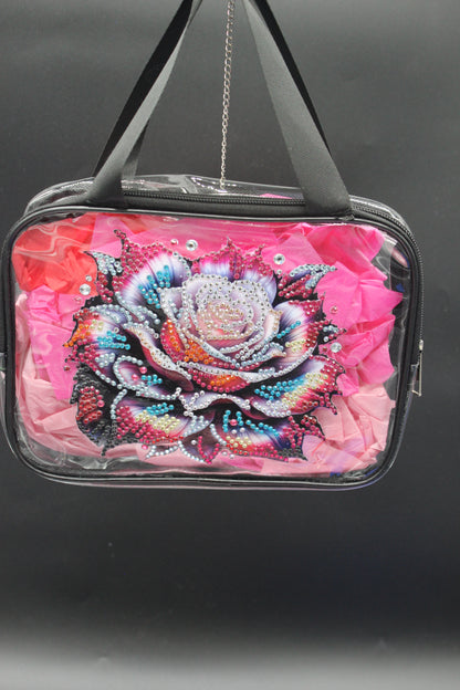 Clear Hand Tote Bag with Multi Colored Diamond Art Rose on the Front