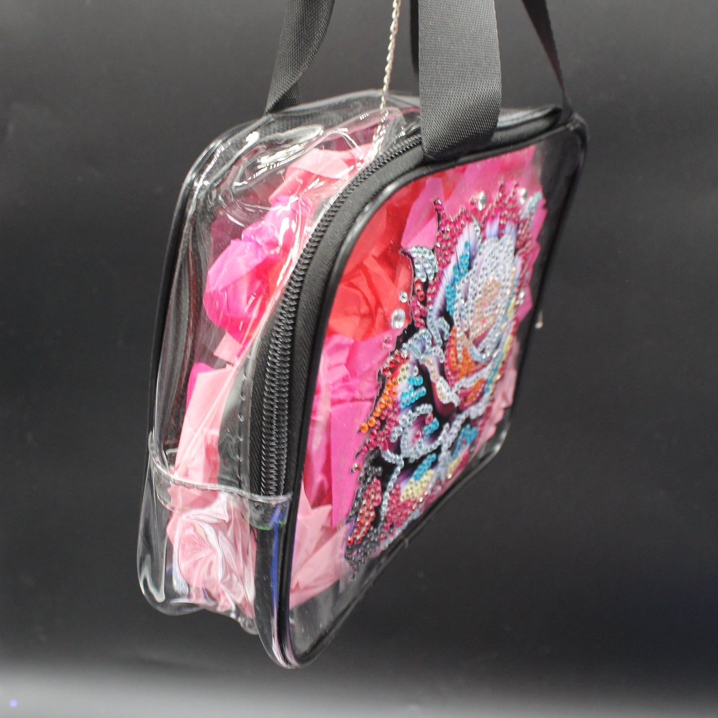 Clear Hand Tote Bag with Multi Colored Diamond Art Rose on the Front