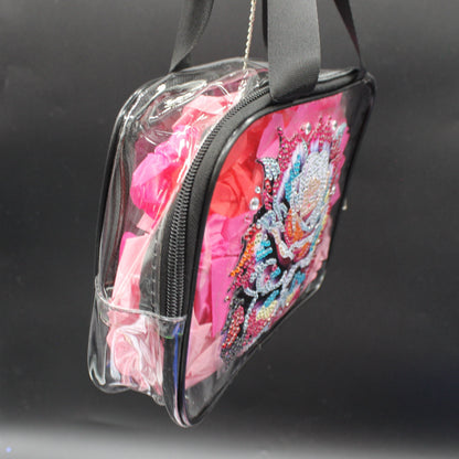 Clear Hand Tote Bag with Multi Colored Diamond Art Rose on the Front