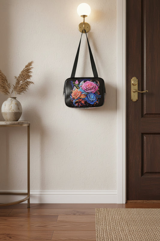 Clear Hand Tote Bag with Multi Colored Diamond Art Flowers with Silver Accents