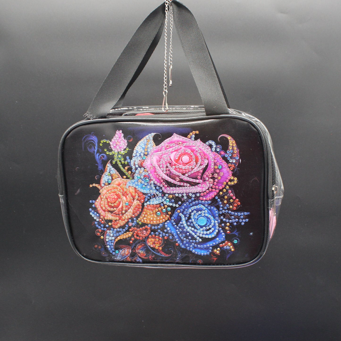 Clear Hand Tote Bag with Multi Colored Diamond Art Flowers with Silver Accents