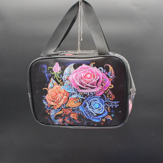 Clear Hand Tote Bag with Multi Colored Diamond Art Flowers with Silver Accents