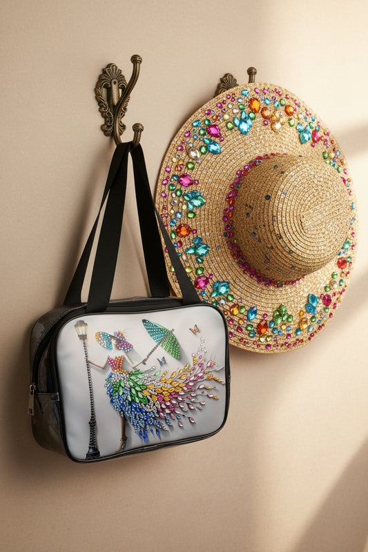 Clear Hand Tote Bag with Beautiful Lady with a Flowing Hat and Dress made out of Vibrant Colored Gems
