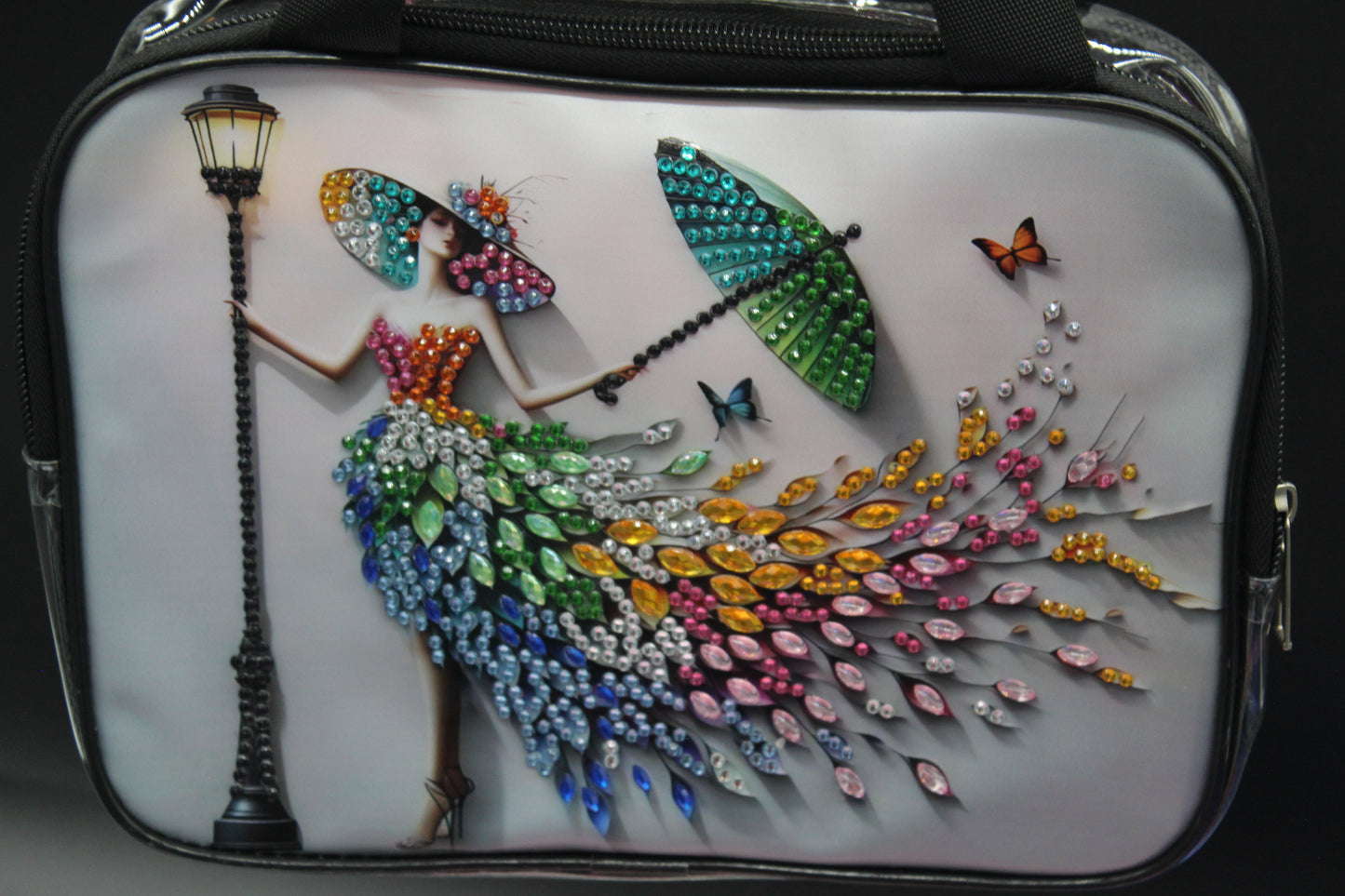 Clear Hand Tote Bag with Beautiful Lady with a Flowing Hat and Dress made out of Vibrant Colored Gems