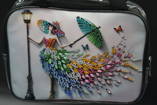 Clear Hand Tote Bag with Beautiful Lady with a Flowing Hat and Dress made out of Vibrant Colored Gems