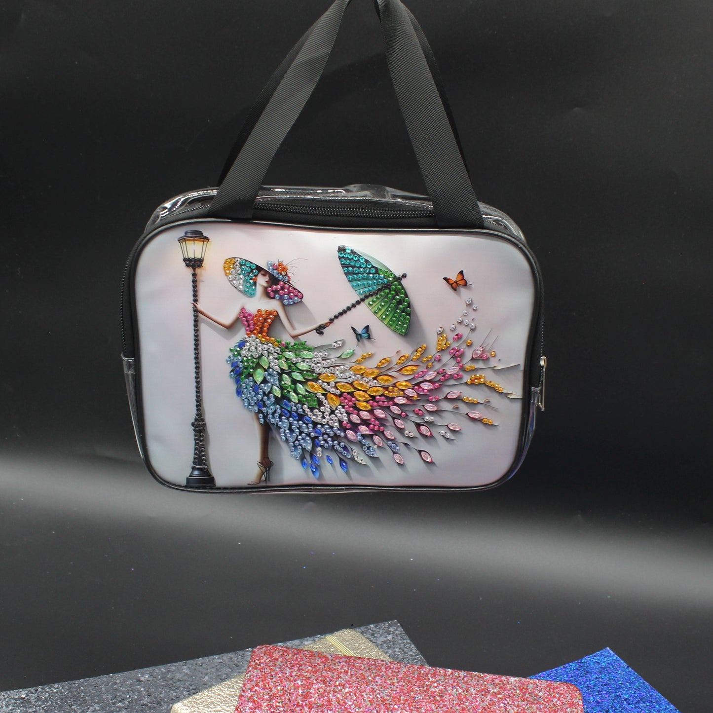 Clear Hand Tote Bag with Beautiful Lady with a Flowing Hat and Dress made out of Vibrant Colored Gems