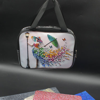 Clear Hand Tote Bag with Beautiful Lady with a Flowing Hat and Dress made out of Vibrant Colored Gems