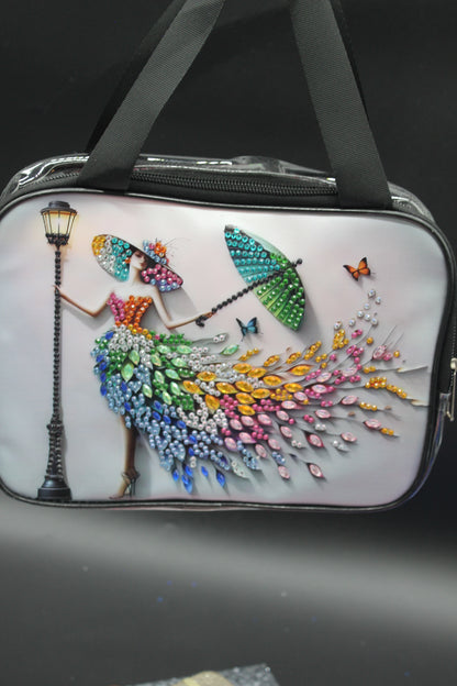 Clear Hand Tote Bag with Beautiful Lady with a Flowing Hat and Dress made out of Vibrant Colored Gems