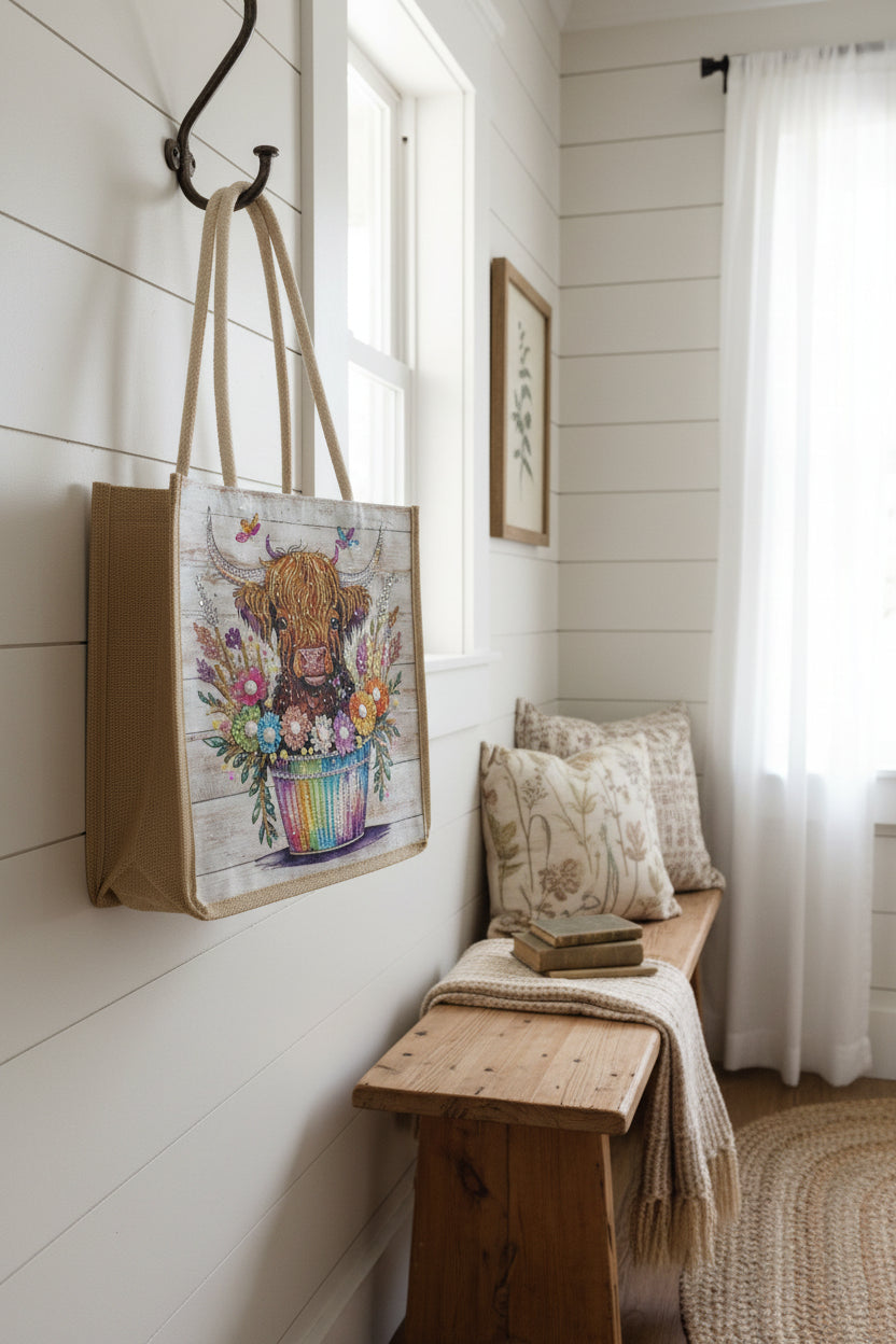 Canvas Bag with Vibrant Multi Color Flowers and a Miniature Cow in the Flower Pot