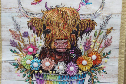 Canvas Bag with Vibrant Multi Color Flowers and a Miniature Cow in the Flower Pot