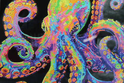 Diamond Art Picture of Multi Colored Octopus on a Black Felt Background