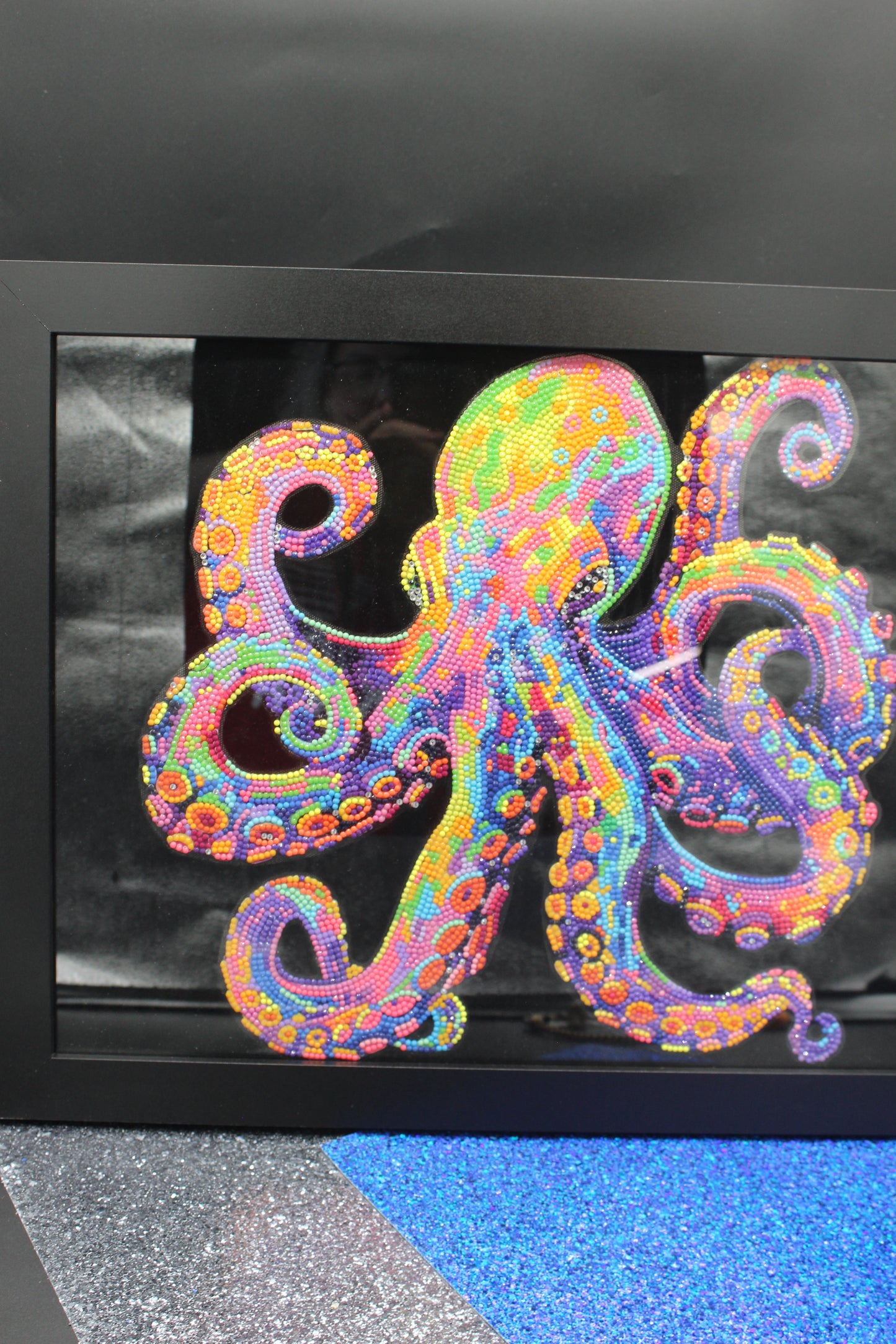 Diamond Art Picture of Multi Colored Octopus on a Black Felt Background