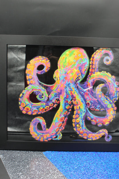Diamond Art Picture of Multi Colored Octopus on a Black Felt Background