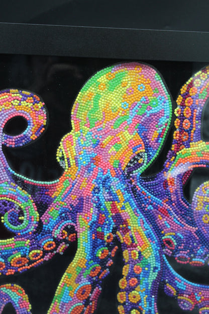 Diamond Art Picture of Multi Colored Octopus on a Black Felt Background