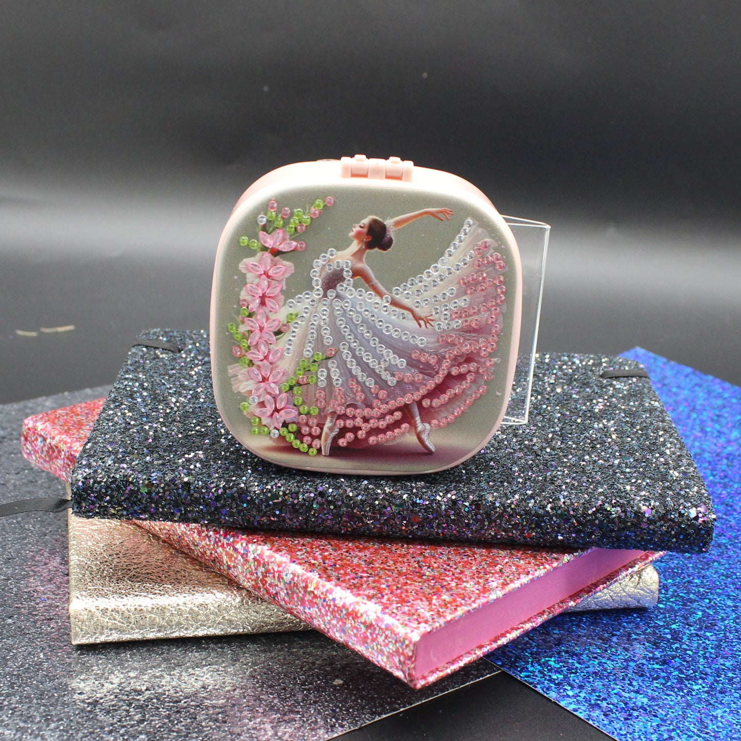 Portable Diamond Painting Jewelry Storage Box Pink with a Crystal Ballerina
