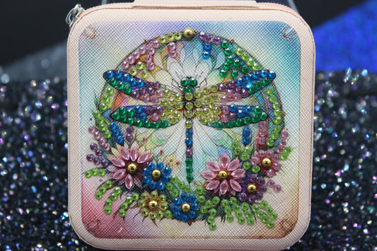 Portable Diamond Painting Jewelry Box Multi Colored Dragonfly with Small Flowers
