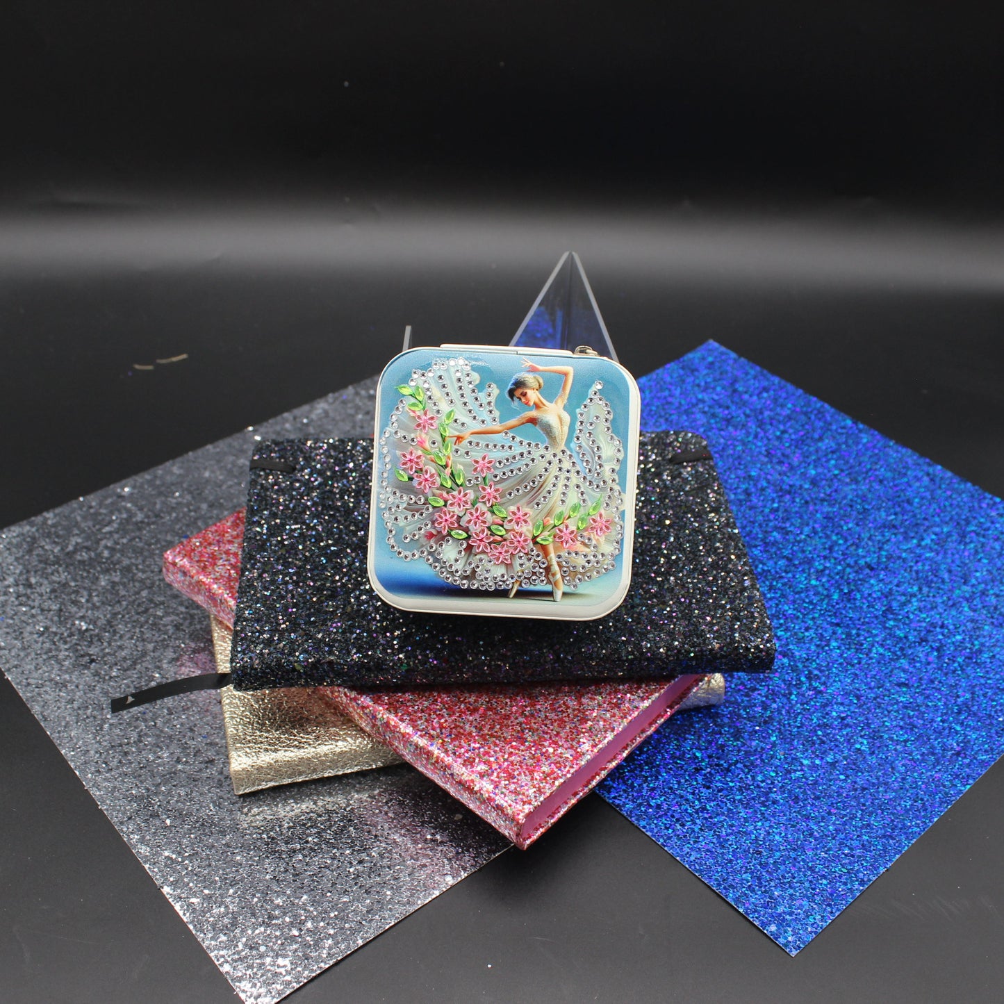 Portable Diamond Painting Jewelry Box featuring a Lady wearing a Dress blowing in the Breeze with Colorful Gem flowers
