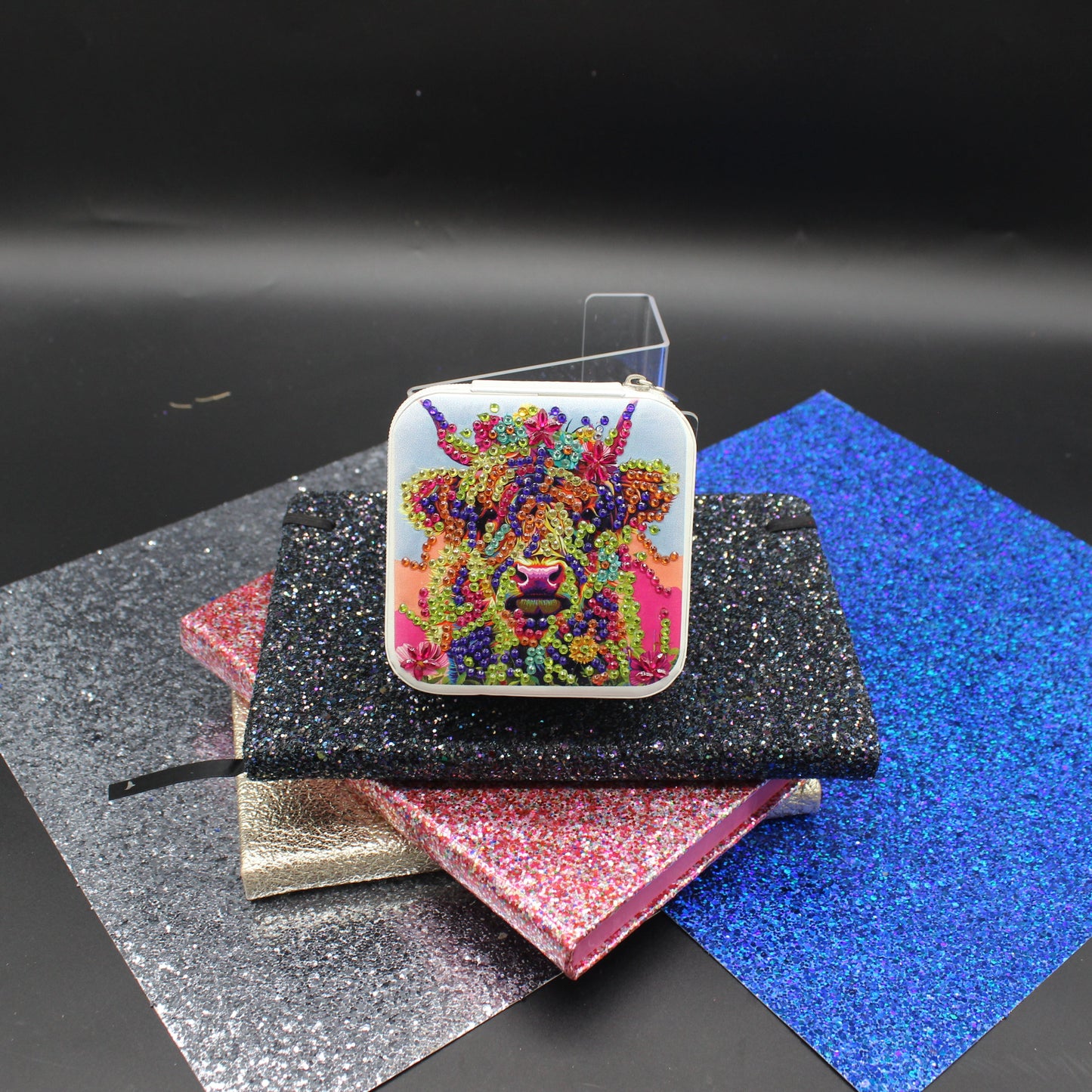 Portable Diamond Painting Jewelry Box featuring a Colorful Miniature Cow