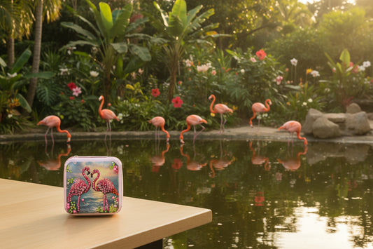 Portable Diamond Painting Jewelry Box featuring Two Pink Flamingos Facing Each Other
