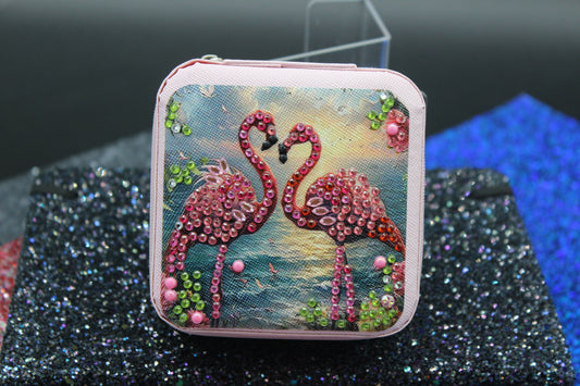 Portable Diamond Painting Jewelry Box featuring Two Pink Flamingos Facing Each Other