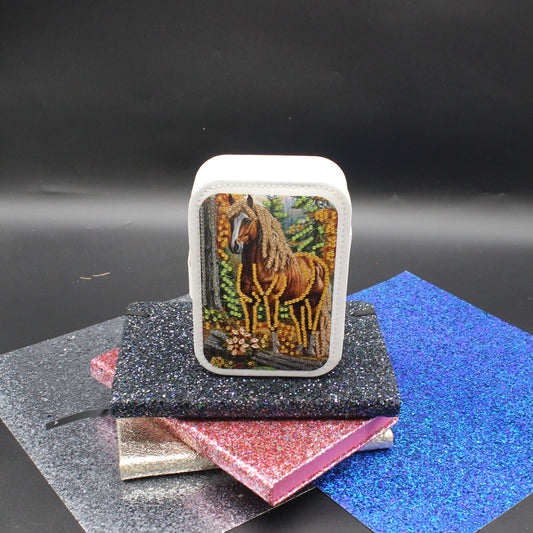 Portable Diamond Art Jewelry Storage Box with a Majestic Stallion with flowing Brown Hair