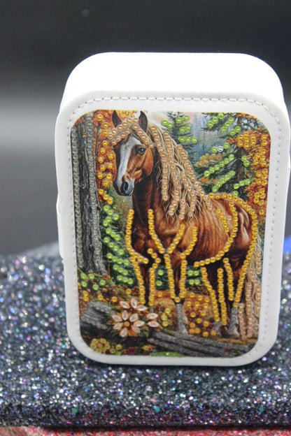 Portable Diamond Art Jewelry Storage Box with a Majestic Stallion with flowing Brown Hair