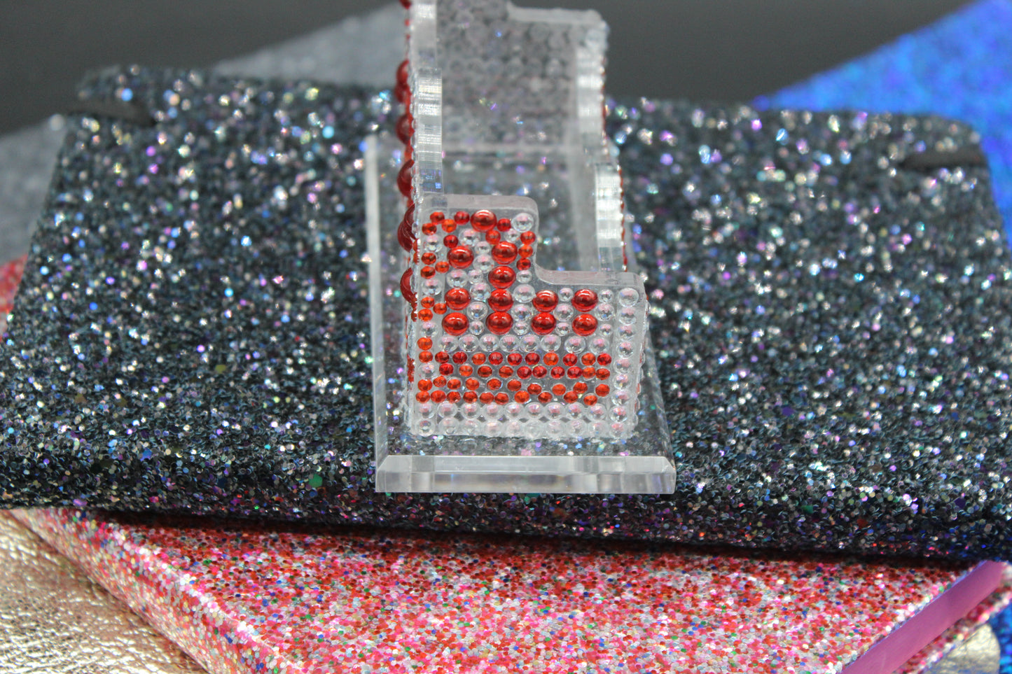 Diamond Art Red and Multi Colored Business Card Holder