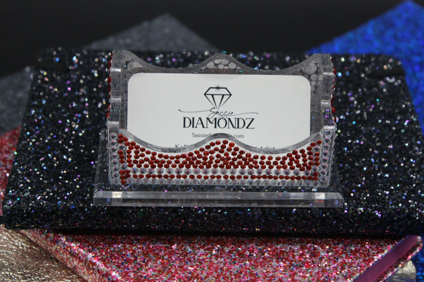 Diamond Art Red and Multi Colored Business Card Holder
