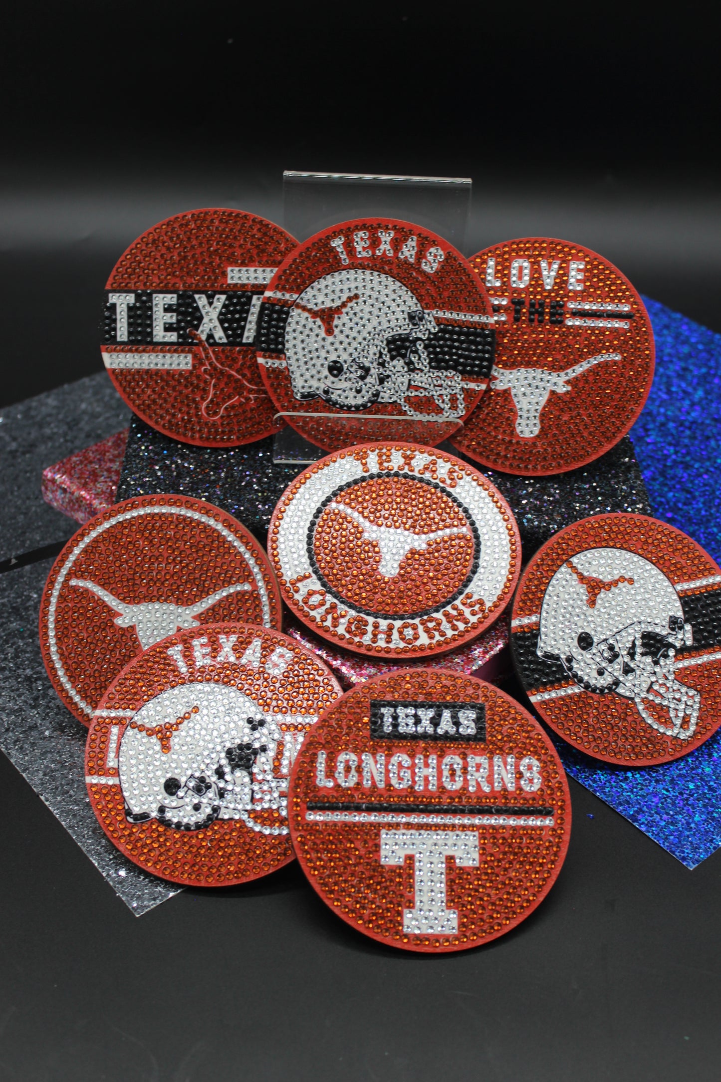 NCAA SEC University of Texas Diamond Art Coaster Set (8) Pieces and Wire Stand
