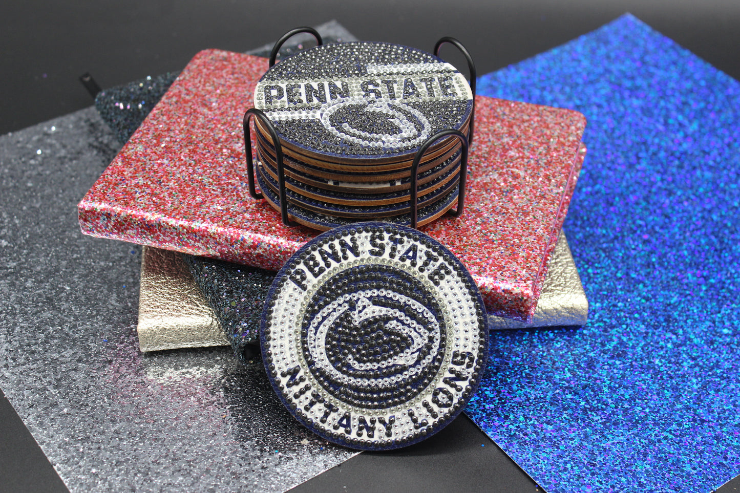 NCAA BIG10 Penn State Diamond Art Coaster Set (8) Pieces and Wire Stand