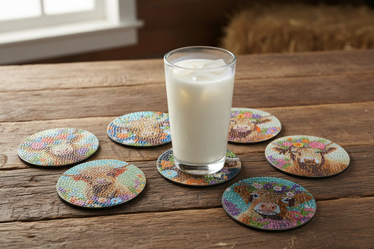 Great Colorful Miniature Cow (8pcs) Coaster set with Metal Stand