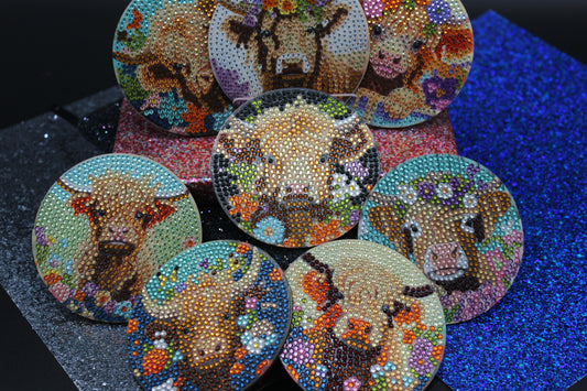 Great Colorful Miniature Cow (8pcs) Coaster set with Metal Stand