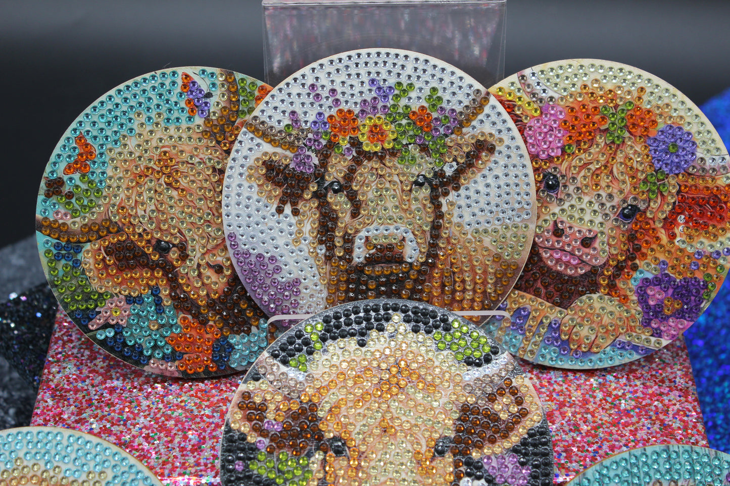 Great Colorful Miniature Cow (8pcs) Coaster set with Metal Stand