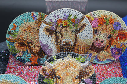 Great Colorful Miniature Cow (8pcs) Coaster set with Metal Stand