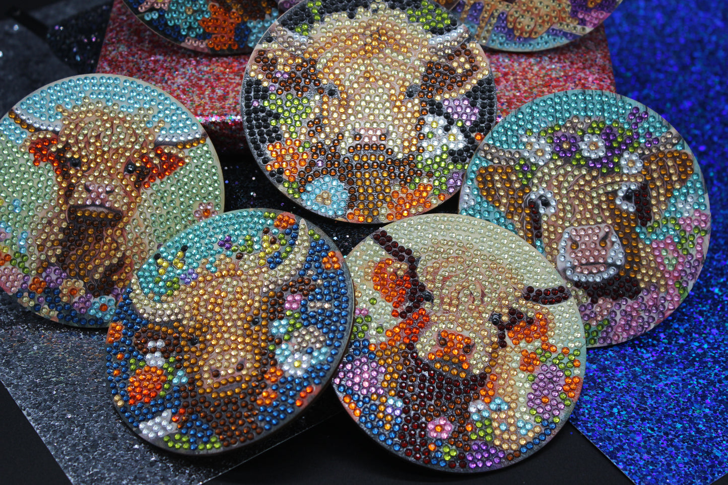 Great Colorful Miniature Cow (8pcs) Coaster set with Metal Stand