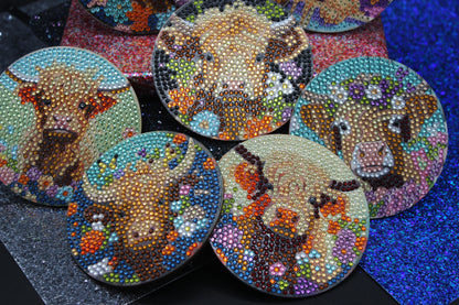 Great Colorful Miniature Cow (8pcs) Coaster set with Metal Stand