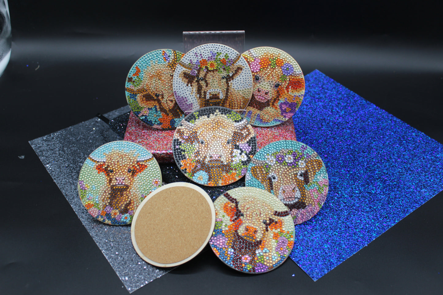 Great Colorful Miniature Cow (8pcs) Coaster set with Metal Stand