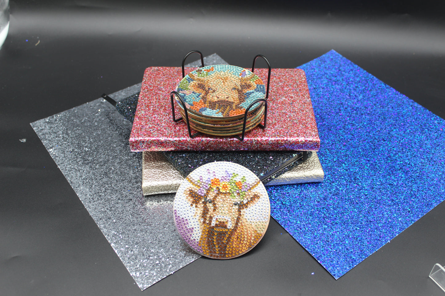 Great Colorful Miniature Cow (8pcs) Coaster set with Metal Stand