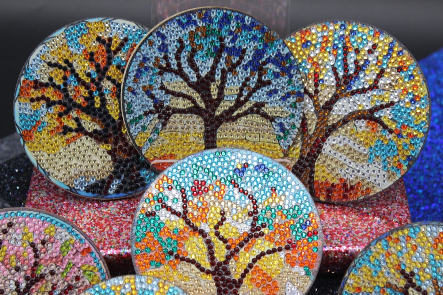 Great Colorful Tree of Life Coasters (8pcs) set with Metal Stand