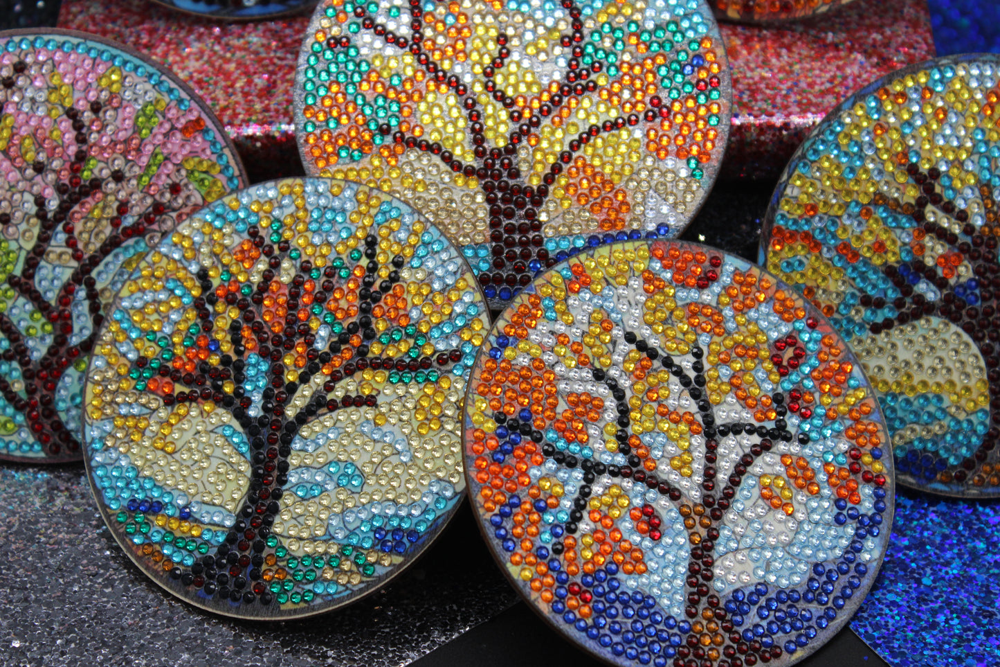 Great Colorful Tree of Life Coasters (8pcs) set with Metal Stand